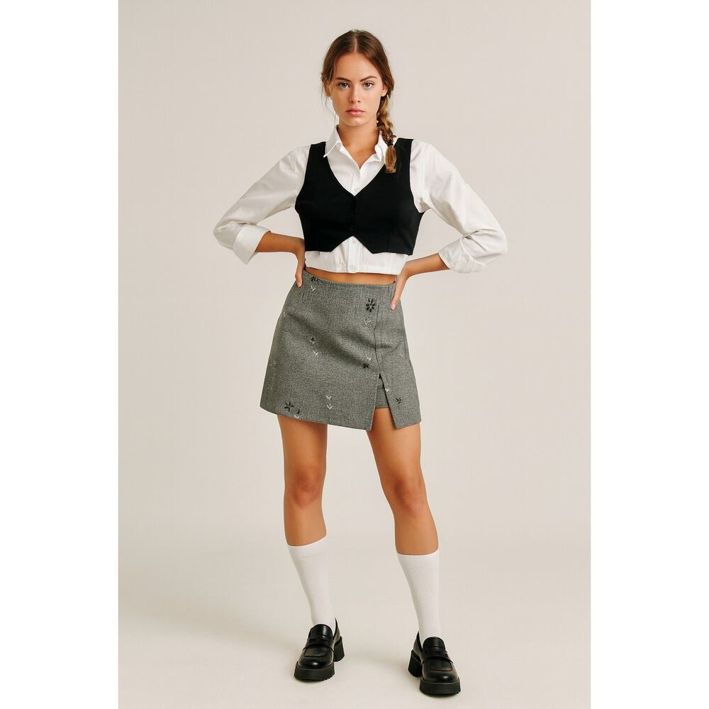 Vintage 90s y2k embroidered mini skirt S preppy academia office siren schoolgirl